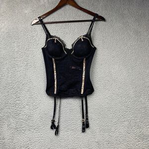 Victoria's Secret Bustier Womens 34C Black Very Sexy Lace Garter Leopard Trim